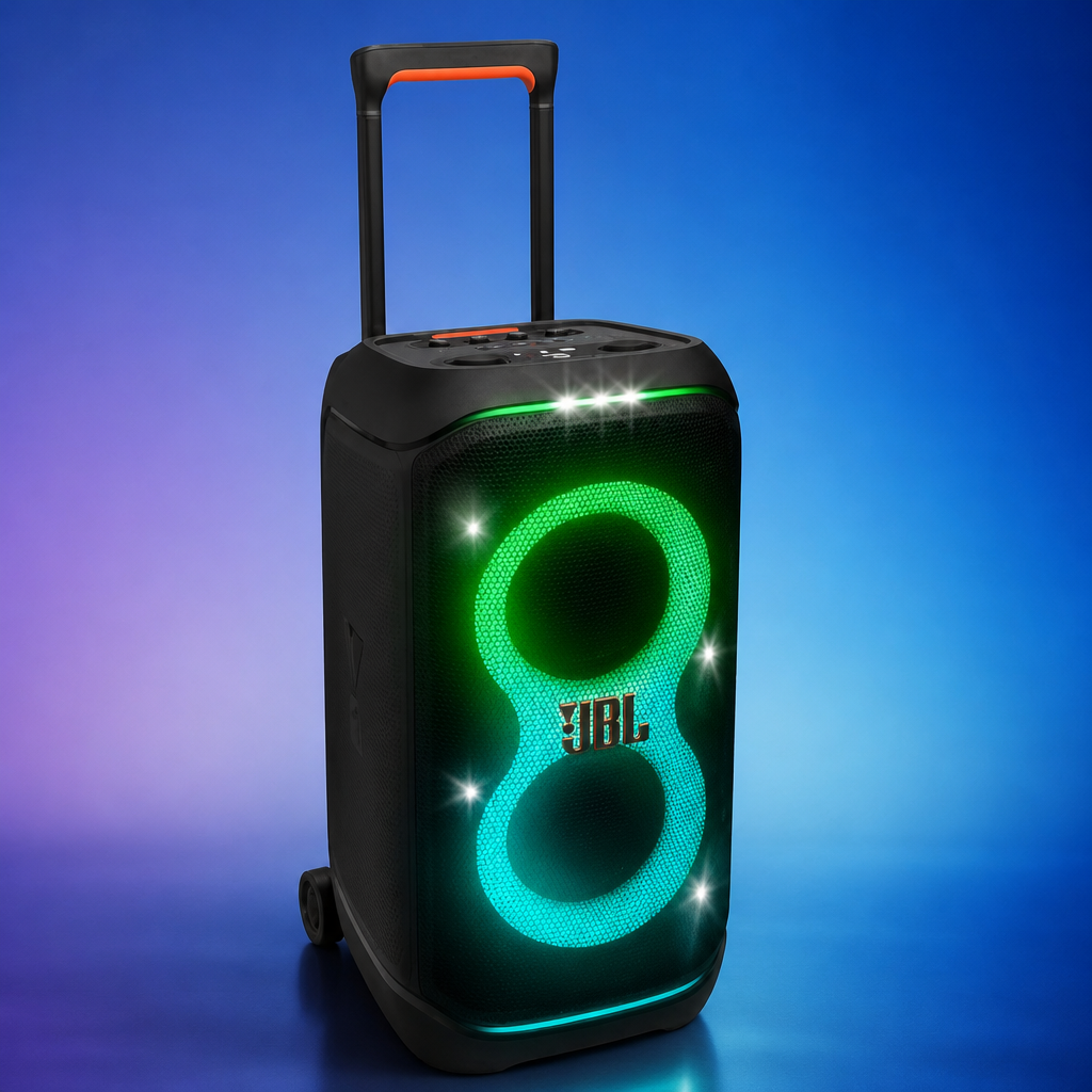 JBL PartyBox Stage 320 - Portable Party Speaker with Telescopic Handle & Wide, Sturdy Wheels, Powerful JBL Pro Sound, Futuristic lightshow, Up to 18 Hours of Play time, Splash Proof (Black)