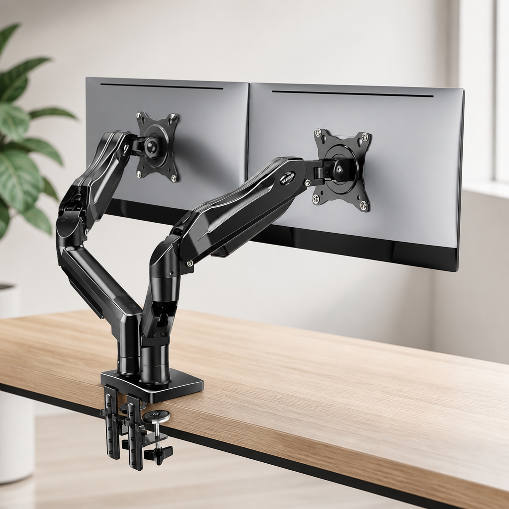 HUANUO FlowLift™ Dual Monitor Stand, Fully Adjustable Gaming Monitor Desk Mount for 13–32″ Computer Screens, Full Motion VESA 75x75/100x100 with C-Clamp & Grommet Base, Each Arm Holds 4.4 to 19.8 lbs